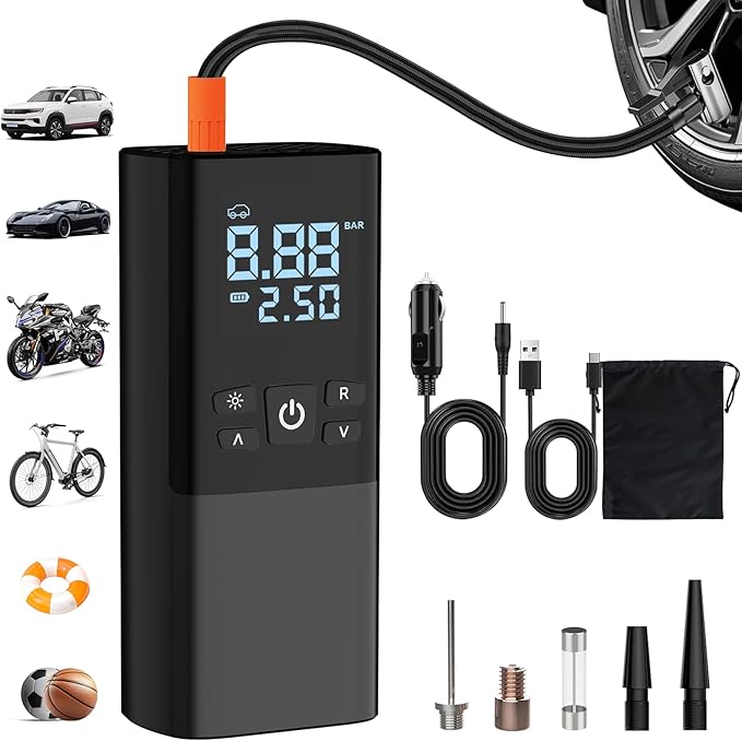 DCV Tire Inflator Portable Air Compressor, 150 PSI Air Pump for Car Tires with Digital Tire Pressure Gauge, LED Lights, Cordless Tire Pump for Cars, Bike & Motorcycle Tires, Balls, Black