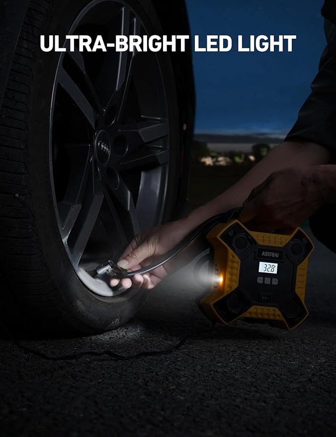 AstroAI Air Compressor Tire Inflator Portable Air Pump for Car Tires, 12V DC Integrated Metal Structure Tire Pump 160PSI with LED Light for Cars, Bicycles, Motorcycles, and Other Inflatables(Yellow)
