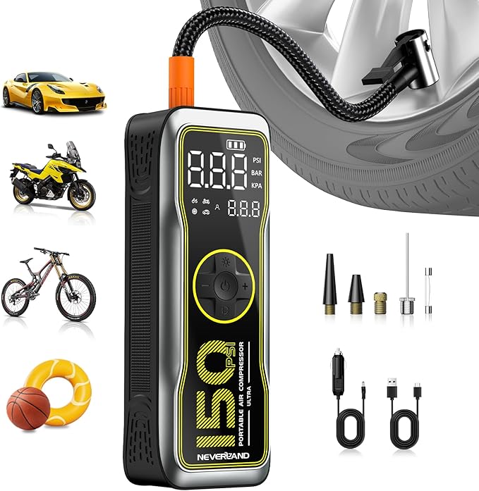 NEVERLAND Tire Inflator Portable Air Compressor - 16000mAh 150PSI Air Pump for Car Tires with Large LED Display,12V DC Tire Inflator with LED Light,Auto shut-off, for Car Motorcycle Bicycle Balls