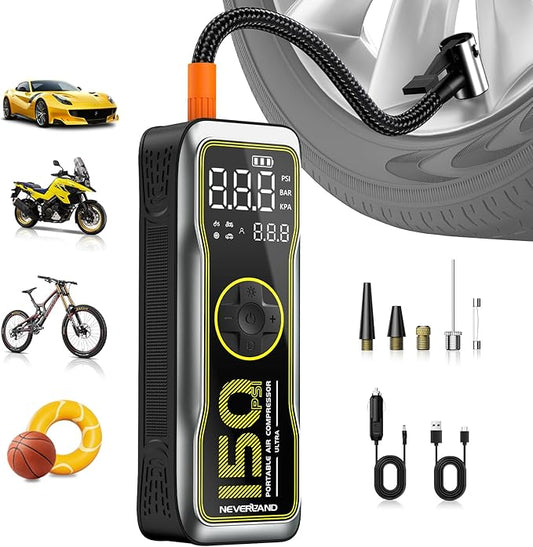 NEVERLAND Tire Inflator Portable Air Compressor - 16000mAh 150PSI Air Pump for Car Tires with Large LED Display,12V DC Tire Inflator with LED Light,Auto shut-off, for Car Motorcycle Bicycle Balls