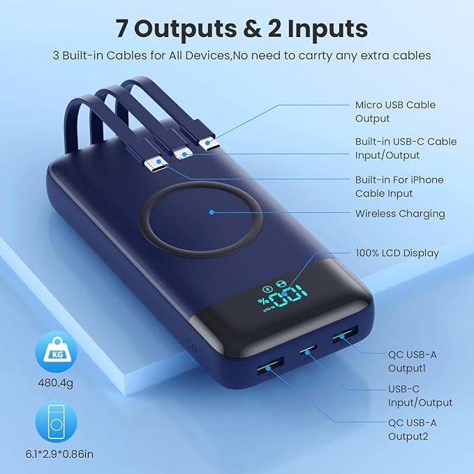 Wireless Portable Charger 40800mAh for iPhone with 3 Built-in Cables,7-in-1 15W Wireless Charging USB C Power Bank,LCD Display 25W PD QC 4.0 Fast Charging Battery Pack for iPhone 16/15/14 -Dark Blue