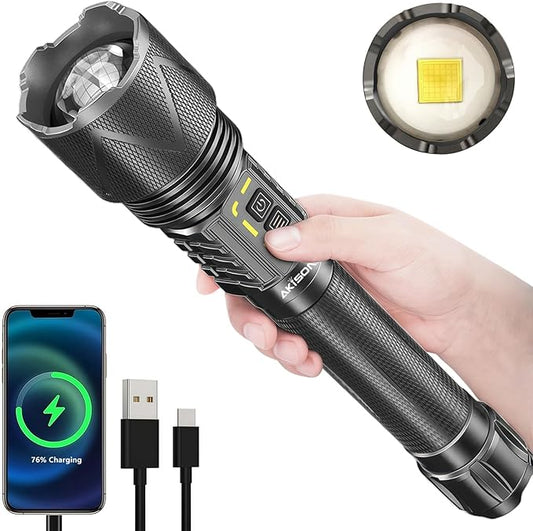 USB-C Rechargeable Flashlights 10,000 High Lumens, Super Bright XHP360 LED Flashlight with Zoomable, Powerful Handheld Tactical Flash Lights, Dual-Switches Waterproof for Emergency Camping