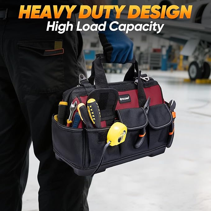 TICONN Heavy Duty Tool Bag with Multi-Pockets, Portable Tool Box Organizer Storage Bag, with Adjustable Shoulder Strap and Ergonomic Handle (Red, 14" Molded Base)