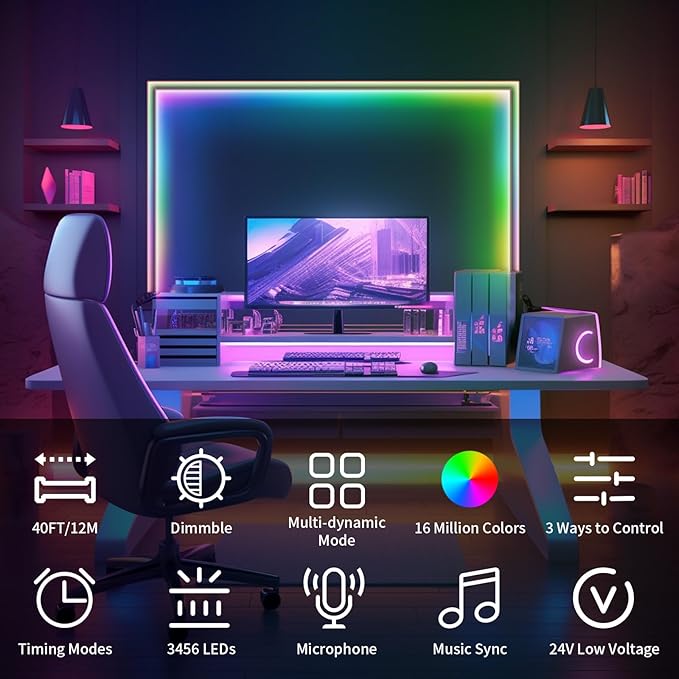 40ft COB RGB+IC LED Strip Lights, Bright Dream Color COB LED Light Strip with RF Remote App Control Music Sync Color Changing for Game Room Bedroom Kitchen Lighting Home Decor（2 Rolls）