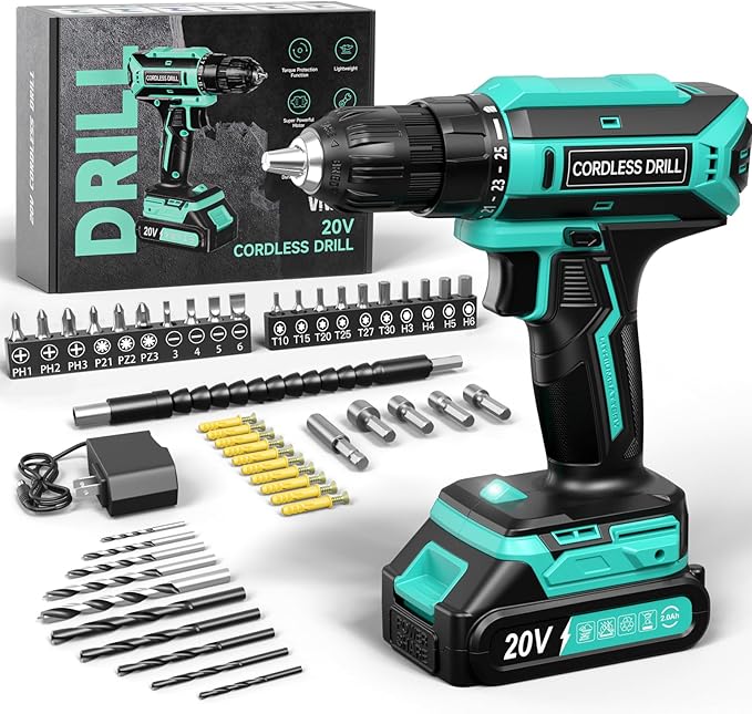 Cordless Drill, 20V MAX Power Drill Set with 2.0Ah Power Pack & Charger, 3/8 Inch Keyless Chuck, Variable Speed, 25+1 Position and 56PCS Bits/Screws, Power Tools for Home Projects