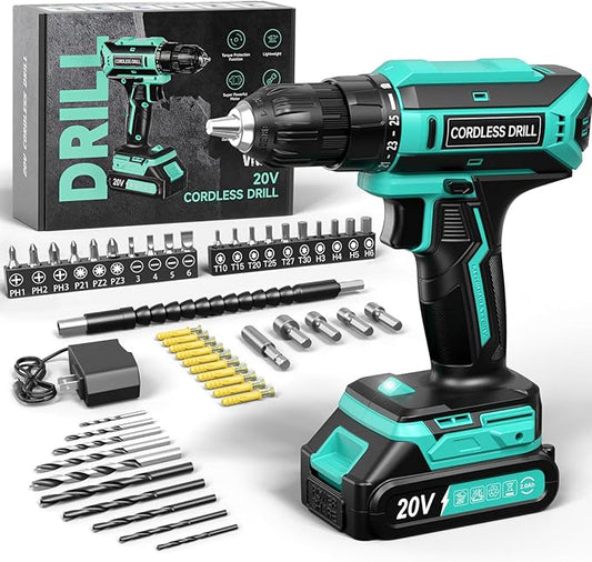 Cordless Drill, 20V MAX Power Drill Set with 2.0Ah Power Pack & Charger, 3/8 Inch Keyless Chuck, Variable Speed, 25+1 Position and 56PCS Bits/Screws, Power Tools for Home Projects