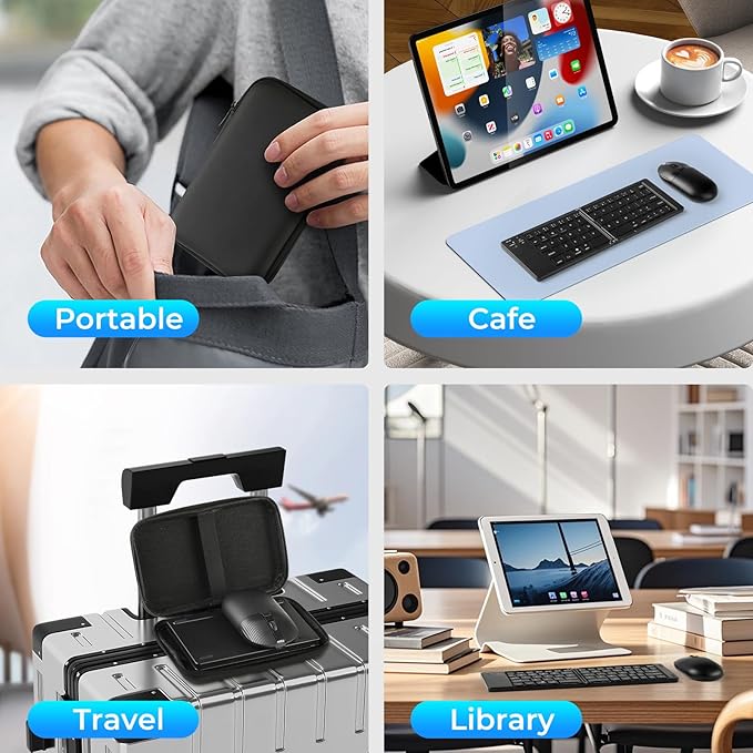 Foldable Keyboard and Mouse, 2.4G Wireless+Dual Bluetooth5.0 Folding Keyboard & Mouse Combos for Business and Travel, USB-C Rechargeable Portable Keyboard Mouse for iPads, Phones, Tablets-Black