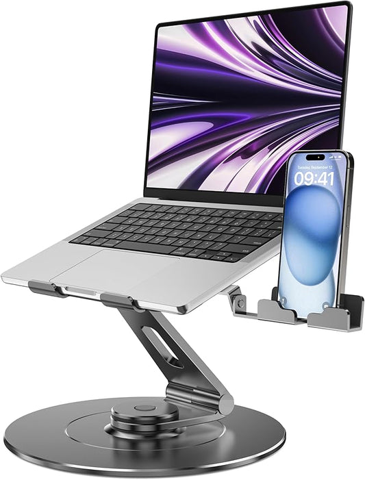 Ultra-Stable Aluminumy Swivel Laptop Stand for Desk with Rotating Foldable Phone Holder, 300% Large Base Stability, Anti-Loosening,Suitable for 10"-17.3" Laptops,Gray