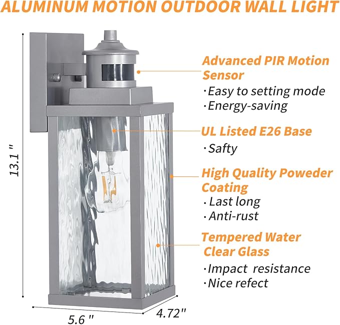 2 Pack Silver Motion Sensor Outdoor Wall Lights,Updated Dusk to Dawn Outdoor Lighting, Exterior Light Fixtures Wall Mount,Waterproof Porch Light Outside Lights for House
