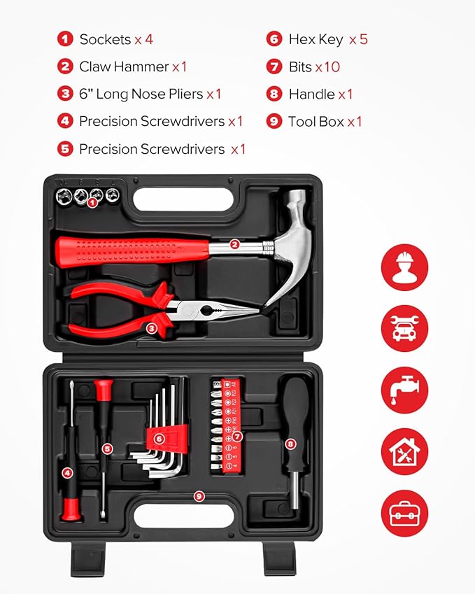 25pcs General Household Tool Set, Home Tool Kit with Plastic Toolbox for DIY, Maintenance, Perfect for Students & Homeowners