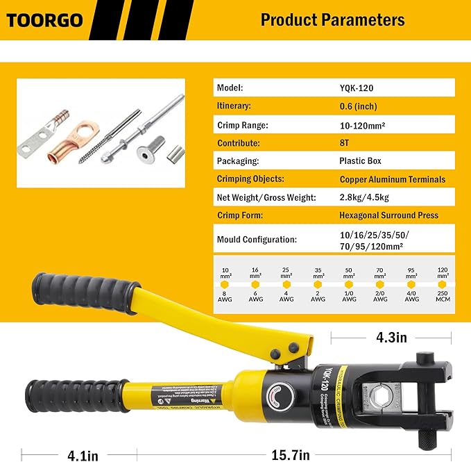 Cable Lug Crimping Tool, 8 AWG to 250 MCM Hydraulic Plier, 12 Ton Hand Crimping Tool for Wires, Terminal, Lug, Crimping Tool Kit with 8 Dies