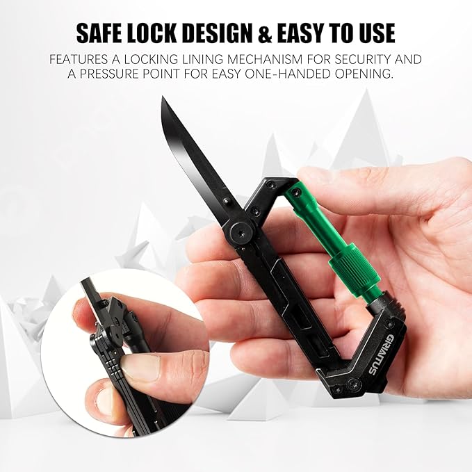 Carabiner Multitool with Pocket Knives, EDC Carabiners, Serrated Knife, Rope Cutter, Screwdriver, Can Bottle Opener, Ruler, Folding Knife for Camping Hiking, Gifts for Men (Green)