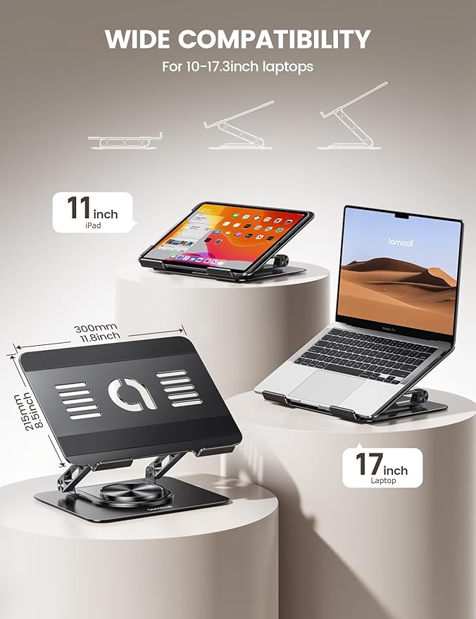 Lamicall Adjustable Laptop Stand for Desk - 360 Rotating Base Ergonomic Computer Stand, Aluminum Laptop Riser Foldable Protable for Office Home fits MacBook Air Pro, Dell, HP (10-17.3'') - Black