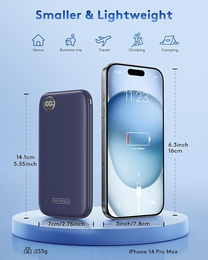 Powerbank Fast Charging Max 12V/4.5A, Ultra Slim Portable Charger USB C 10000mah, Travel Power Bank for iPhone 11 12 13 14 15 16 Samsung Android, DC Lightweight Battery Pack Phone Charger, Blue