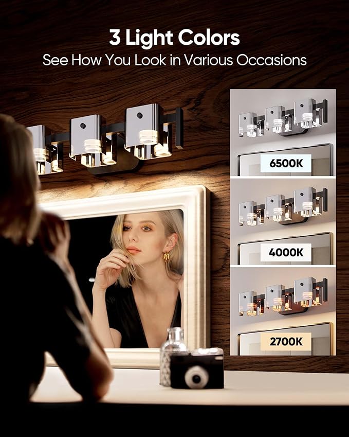 JACKYLED Bathroom Light Fixture, Modern 3-Light Vanity Lights with Art Glass Shades, 3 Color Temperatures LED Bathroom Lighting Fixture Over Mirror, 15W 900 Lumen 30° Adjustable, Ash Gray Glass