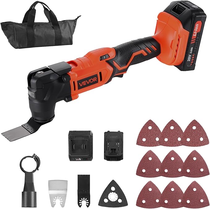 VEVOR Cordless Oscillating Tool, 20V Oscillating Multi Tool Kit with 6 Variable Speeds 8500-17000 OPM, 3.2° Oscillation Angle, 2.0Ah Battery Pack & Charger, 12PCS Saw Accessories & LED Work Light