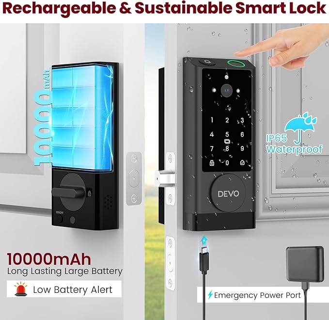 DEVO G1 Smart Lock with Handle Set, 6-in-1 Keyless Entry Door Lock, Video Smart Deadbolt with Fingerprint, Built-in Wi-Fi, App Remote, Auto Lock, IP65 Waterproof Front Door Lock, Easy Install