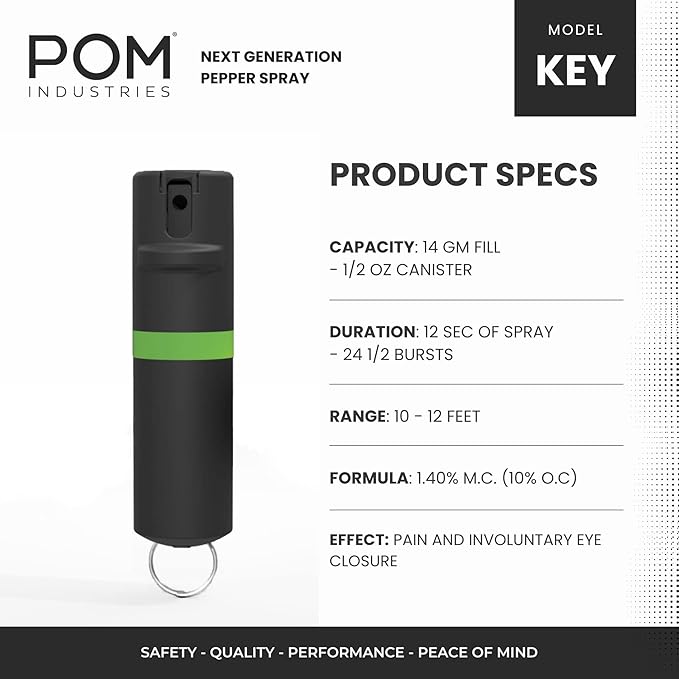 POM Pepper Spray Keychain, Quick Key Release for Instant Access, Flip Top Safety, Maximum Strength OC Formula with UV Marking Dye, 25 Bursts, 10 ft Range, 0.5 fl oz