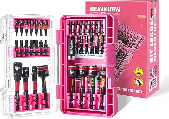 29Pieces Impact Screwdriver Bits Set, Magnetic S2 Steel 1”/2” Phillips/Square/Torx/Slotted Bits Tips,Impact Bit Holder and Nut Driver and Socket Adapter Set with Pink Storage Box Case