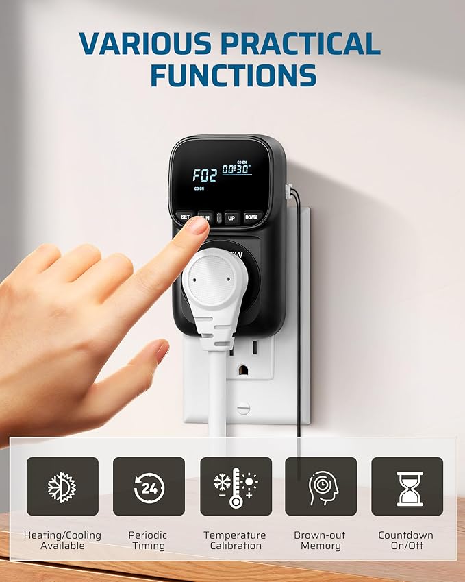 DEWENWILS Digital Temperature Controller, Heavy Duty 15A/1800W Thermostat Outlet Plug, VA Display Heating Cooling Control Timer, -40℉~210℉, Cyclic Timing/Countdown, for Greenhouse Incubator, Black