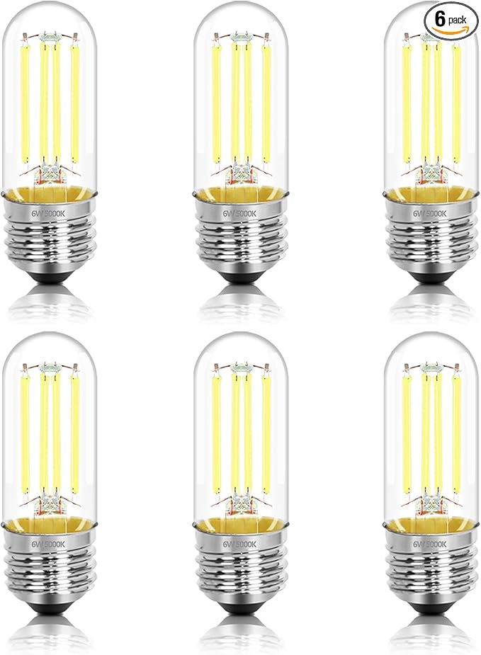 3.2 Inch 5000K Daylight White E26 LED Bulb 60 Watt Equal, AC 120V 600LM Edison Bulbs Dimmable, 6W T10 T30 Filament Light Bulbs Clear Glass for Fan Pendant Wall Light, UL Listed-6 Pack