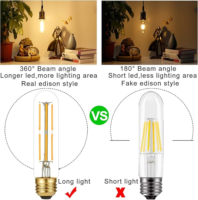 LiteHistory Dimmable E26 Edison Bulb 6W Equal 60 watt Light Bulb AC120V Warm White 2700K Edison Light Bulbs 60 Watt 600LM Tubular T10 led Bulb for Rustic Pendant,Chandeliers,Wall sconces,Vanity 6Pack