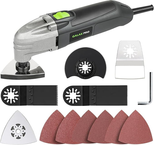 GALAX PRO 22000 OPM 2.0A Oscillating Multi Tool, 3 Degree Oscillating Angle with 3 Pieces Saw Blades, 1 Piece Semi Circle Blade Sanding Plate, 6 Pieces Sanding Papers for Grinding