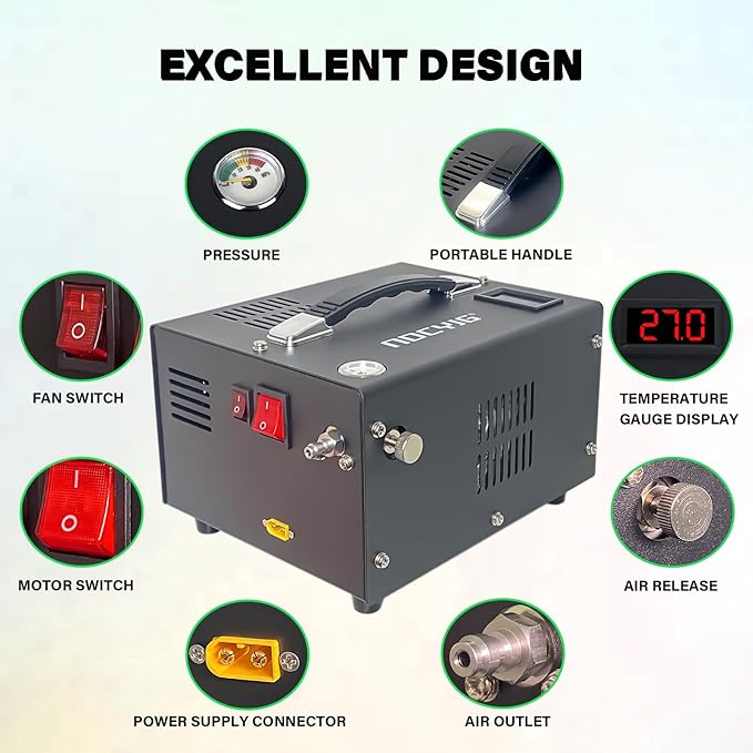 Pcp air compressor 4500PSI Portable PCP Compressor, 12V DC/110V AC PCP Airgun Compressor Manual-stop, w/External Power Adapter, Built-in Fan, Suitable for Paintball, Air Rifle, Scuba Bottle