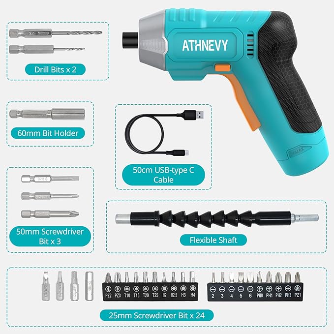 Electric Screwdriver, Rechargeable 3.7V Cordless Screwdriver with 29pc Bit Set, USB-C Charging Max 4N.m High Torque, 250 RPM, 1500mAh Battery & LED Light, for Home Repairs and DIY Project