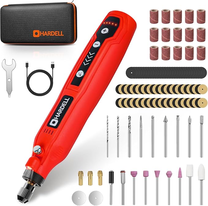 HARDELL Mini Cordless Rotary Tool Kit, 5-Speed and USB Charging with 69 Accessories, Multi-Purpose 3.7V Power Rotary Tool for Sanding, Polishing, Drilling, Etching, Engraving, DIY Crafts (Red)