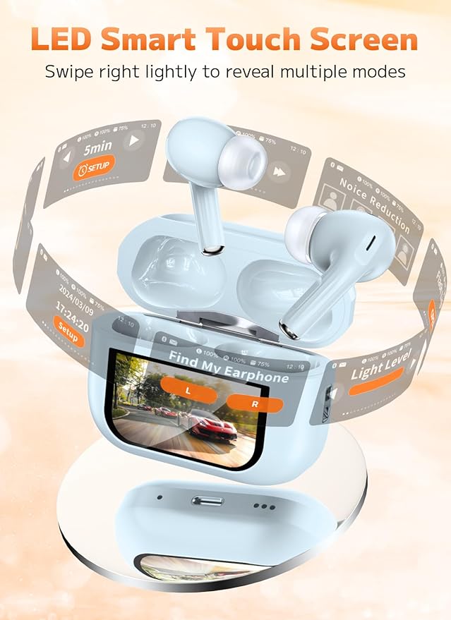 Wireless Earbuds, Bluetooth 5.4 Ear Buds with Multifunctional Touch Screen, ANC/ENC Noise Cancelling Headphones with 48H Playtime, Bass Stereo Sound, for Laptop, Android/iOS, Pad- Sky Blue