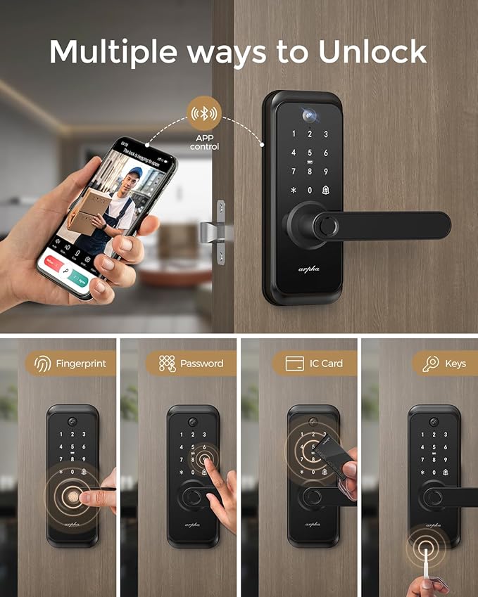 WiFi Video Smart Lock with Camera & Handle - 6-in-1 Keyless Entry (Fingerprint/App/Keypad/FOB/Key/Camera), Built-in WiFi, 2-Way Audio, Auto-Lock, Waterproof - Black