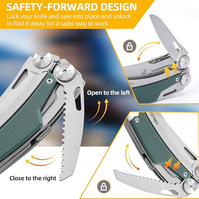 HANSHI G10 Handle Multitool Pliers with YG10 Tungsten Steel Replaceable Wire Cutters 12 in 1 Multi Tool Pocket Knife with Safety Lock,Saw,Bottel Opener for Camping,Survival with Nylon Sheath (green)