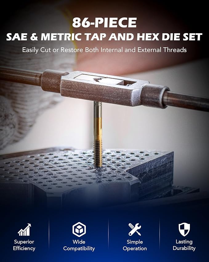 Orion Motor Tech 86pc Tap and Die Set, SAE & Metric Tap Set and Die Tool Set for Internal and External Threading, Coarse and Fine Threading Rethreading Tool Kit with Carrying Case