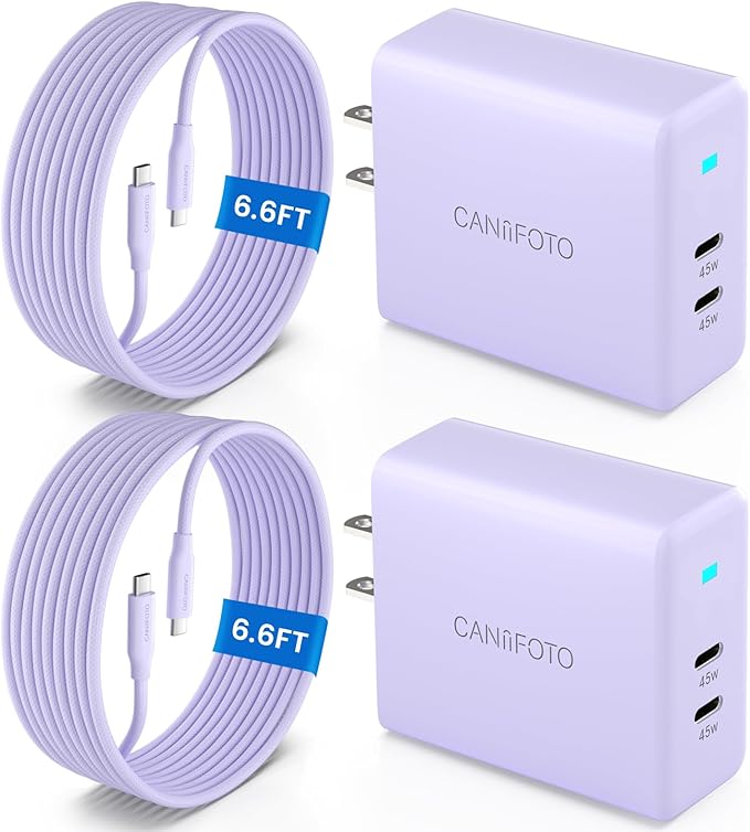 2Port 45W Super Fast Charger Type C, 2Pack 45W USB-C Charger Fast Charging for Samsung Galaxy S24 Ultra/S24+/S24/S23 Ultra/S23+/S22/S20/Note10+ with 2X 6.6ft Type C Cord (Purple)