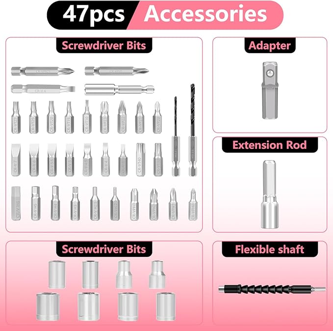 Cordless Screwdriver Rechargeable, Electric Screwdriver Cordless 47pcs, USB Small Power Screwdriver Set with LED Light for Women Home Office DIY Tools, Pink