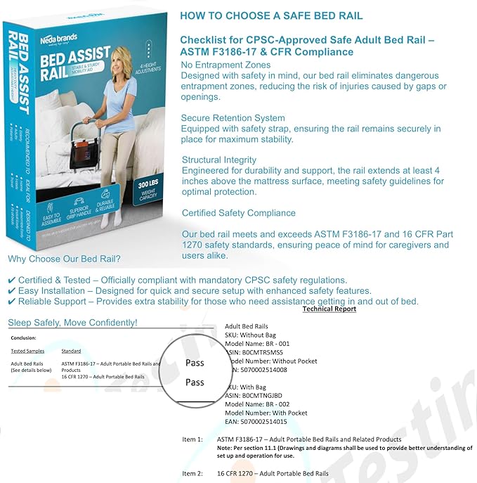 NEDA Adjustable Bed Rails for Elderly Adults – Medical Bed Assist Handle, Safety Support Rail for Seniors, Bedside Rail for All Bed Sizes, with Storage Bag ASTM F3186-17 & 16 CFR 1270 CPSC Certified