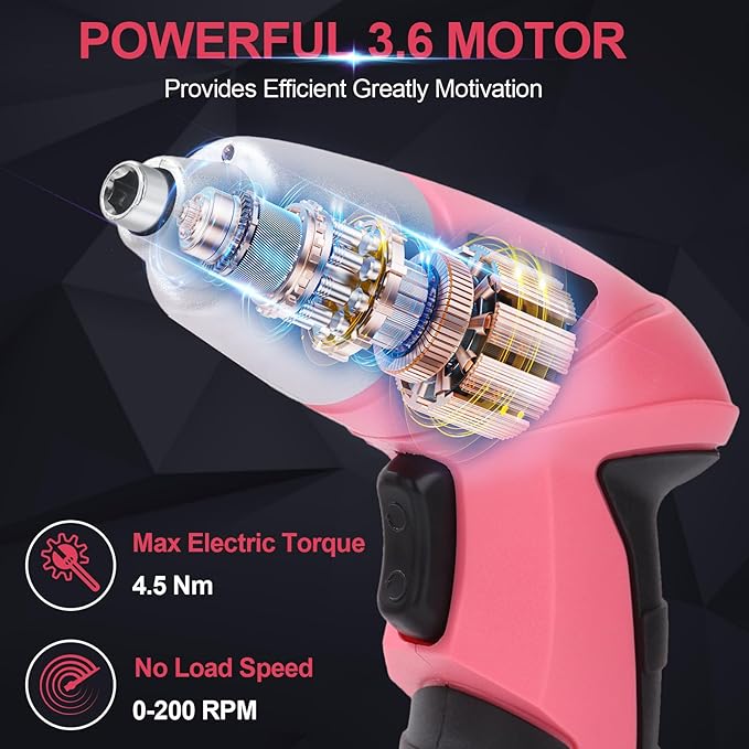 Electric Screwdriver, 3.6V Cordless & Rechargeable Screwdriver Set, 28pc Drill Set with Led Lights, USB Charging Cable, Tool Knife, Pink