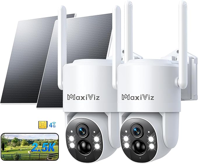4G LTE Outdoor Solar Powered Cellular Security Camera Wireless, Off-Grid Camera No WiFi, 2.5K UHD Color Night Vision, 360° Live View, Local/Cloud Storage, IP66 Weatherproof, SIM Card, 2 Packs