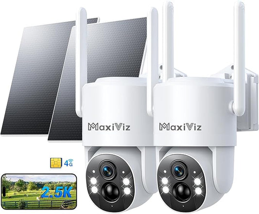 4G LTE Outdoor Solar Powered Cellular Security Camera Wireless, Off-Grid Camera No WiFi, 2.5K UHD Color Night Vision, 360° Live View, Local/Cloud Storage, IP66 Weatherproof, SIM Card, 2 Packs