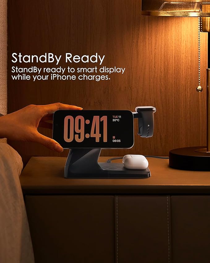 3 in 1 Charging Station for Apple Devices, Mag-Safe Charger Stand, Wireless Charger for iPhone 16/15/14/13/12 Series,& AirPods,& iWatch, Adapter Not Included