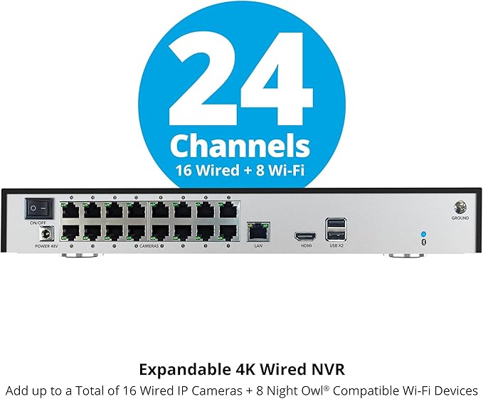 Night Owl Power Over Ethernet 24 Channel NVR Video Home Security Camera System with 4TB Hard Drive (Add up to 16 Wired IP and 8 Wi-Fi Cameras)