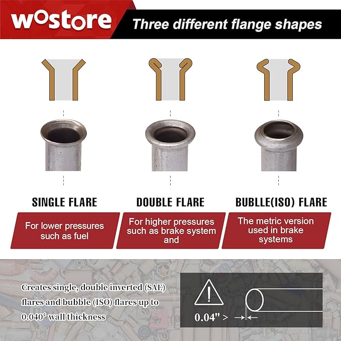 Wostore Professional Brake Line Flare Kit for Single, Double (SAE) Flares & Bubble (ISO) Flares with Tubing Cutter Pipe Reamer for 3/16-5/8" 7 Sizes