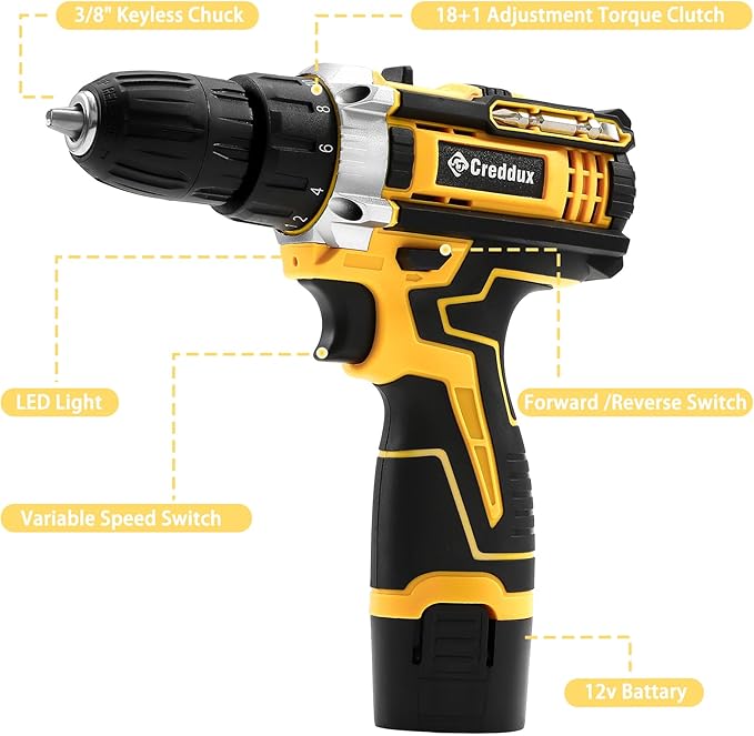 Cordless Drill Set Creddux Power Drill Cordless Sets Variable Speed, Electric Drills 18+1 Torque Setting, Built-In Led Light, Level and 2 Driver Bits Z Set-Y