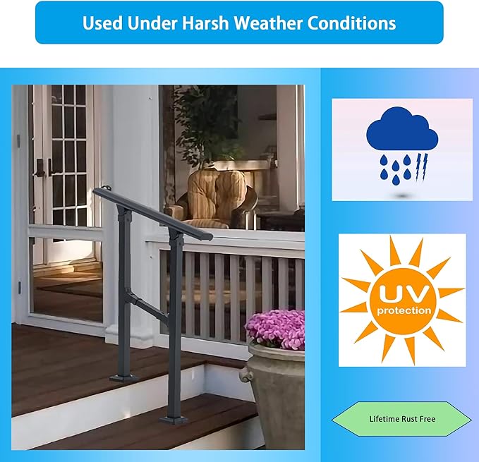 4 Steps Handrail for Outdoor Steps, Premium Aluminum Alloy Railing Set, Porch Railing Kit,Free Installation Kits Included, Used Under Harsh Weather Conditions,Rust Free for 3-4 Steps，Set of 1