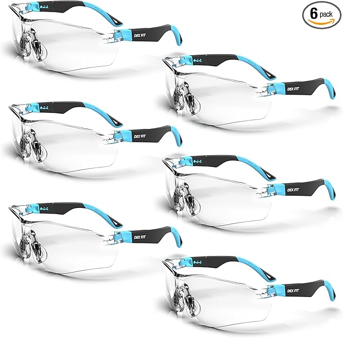 DEX FIT Safety Glasses SG210; 6 Pairs, Z87, Anti-Fog & Scratch Resistant, Adjustable for Women and Men, UV Protection (Black & Blue Frame, Clear Lens)