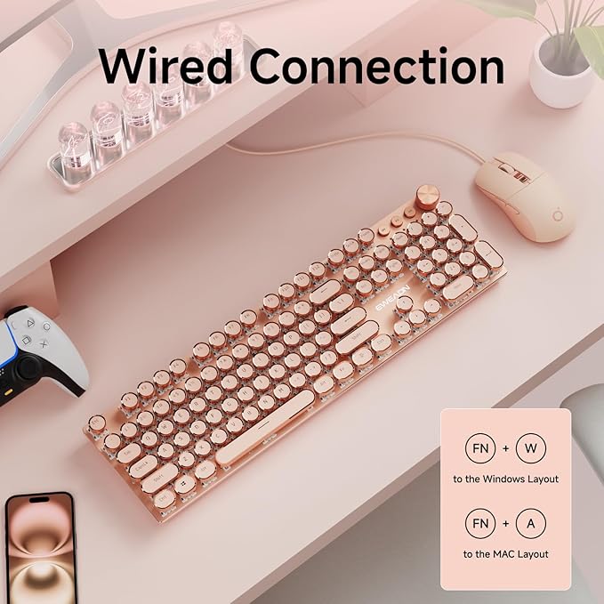 EWEADN Wired Typewriterkeyboard and Mouse Combo, Typewriter Style Mechanical Gaming Keyboard,104 Keys Backlit LED Keyboards, Media Control Knob, Wired Keyboard Pink Switch for Windows/Mac/PC-Pink