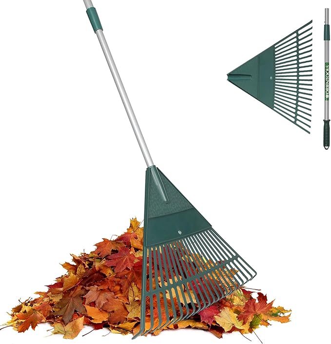 ORIENTOOLS Rake for Leaves,Adjustable Garden Leaf Rake ,Lightweight Steel Poly Yard Rake，22 Tines, 42 to 60 Inches (Silver Handle)