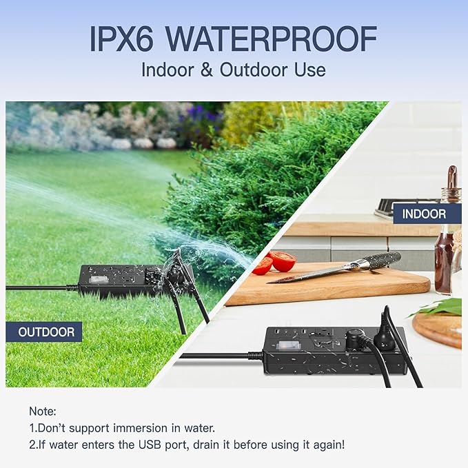 IPX6 Outdoor Power Strip Weatherproof, Waterproof Surge Protector with 6 Wide Outlet with 2A2C USB Ports, 15FT Long Extension Cord, Wall Mountable for Outside Decorations and More UL Listed(Black)
