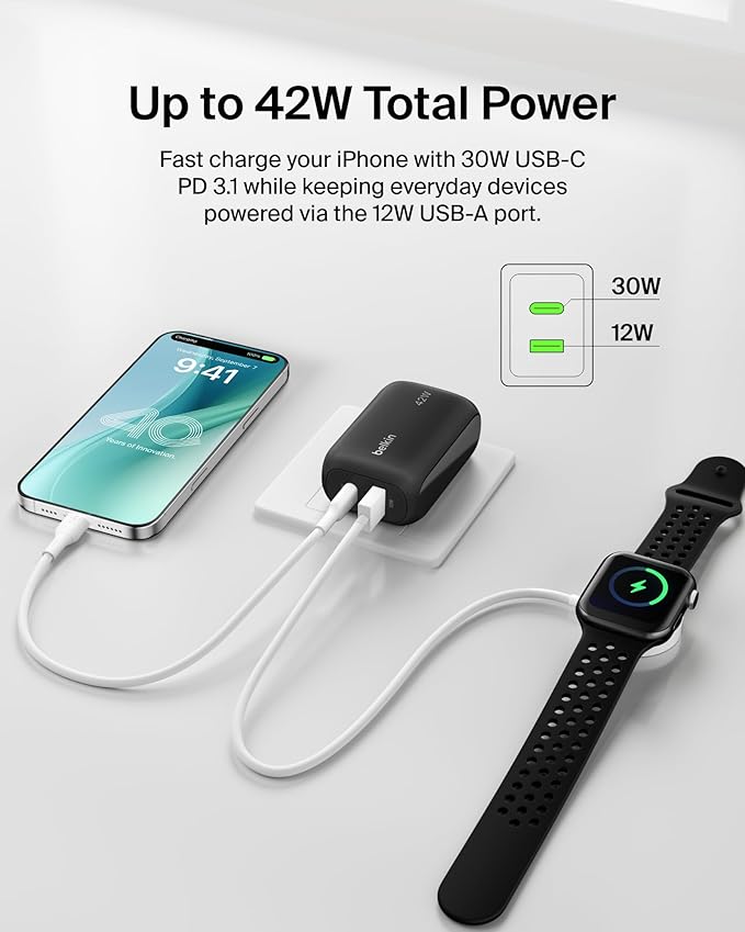 Belkin Dual Port Charger Block 42W, USB-C + USB-A Charger Super Fast Charging - Samsung Galaxy S25, Apple iPhone 16, 15, 14, 13, Pro, Pro Max, iPad, AirPods, Nintendo Switch 2 & More - Black